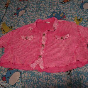 Zenana Womens Waffle Shirt Crop Top Hot Pink Acid Wash Sheer Size S/M Oversized